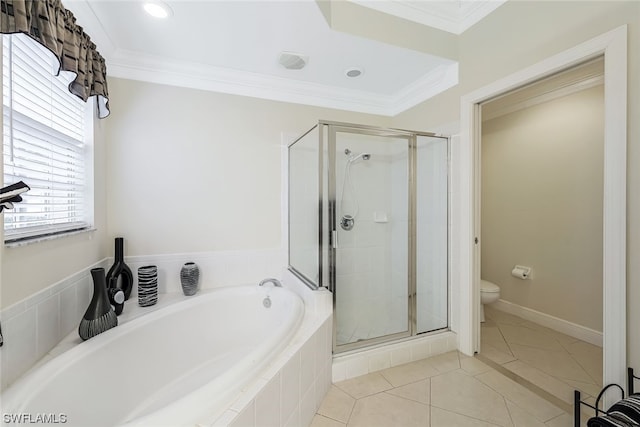 bathroom with shower with separate bathtub, toilet, ornamental molding, and tile flooring