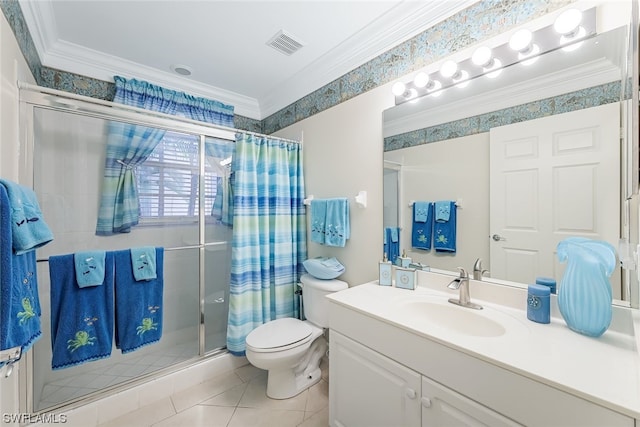 bathroom with walk in shower, vanity with extensive cabinet space, toilet, and ornamental molding