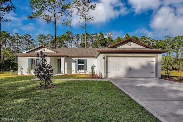 ranch-style house with a front yard and a garage