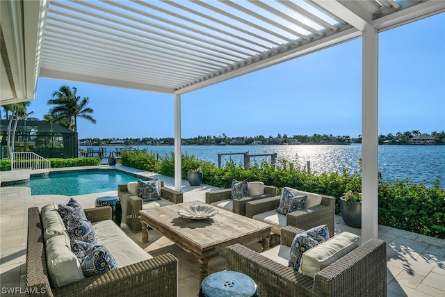 view of pool with outdoor lounge area, a water view, a pergola, and a patio area