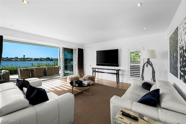 living room with hardwood / wood-style flooring and a water view