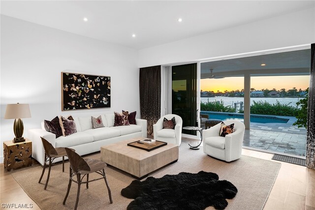 living room with light hardwood / wood-style flooring and a water view