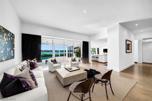 living room with light hardwood / wood-style flooring