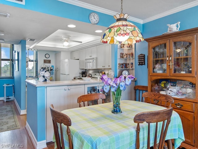 dining room with a raised ceiling, ceiling fan, light wood-type flooring, and crown molding