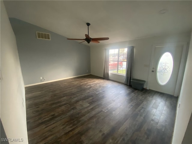 entryway featuring dark hardwood / wood-style flooring, ceiling fan, and lofted ceiling