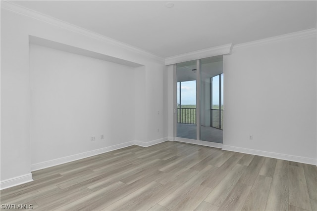 empty room featuring ornamental molding and light hardwood / wood-style floors