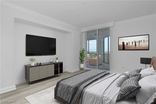 bedroom featuring ornamental molding, access to outside, and light hardwood / wood-style floors