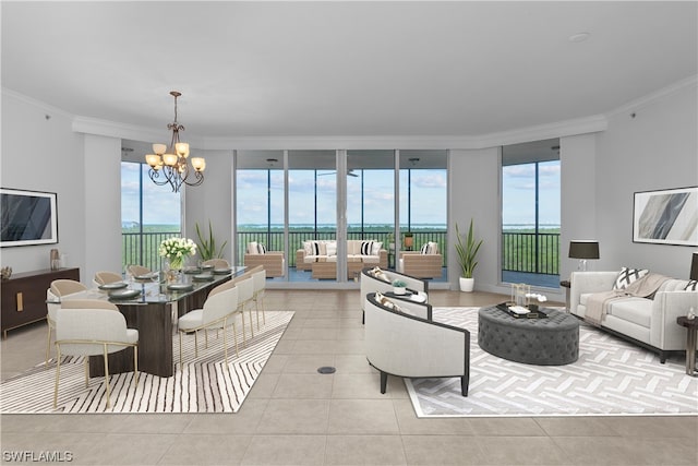 living room with light tile patterned floors, crown molding, a wall of windows, a chandelier, and a water view