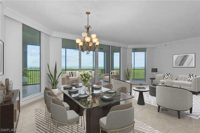 tiled dining area with crown molding and a notable chandelier