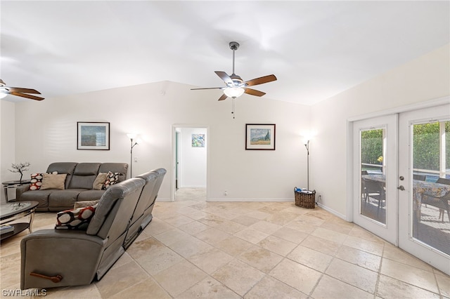 living room with french doors, ceiling fan, and lofted ceiling