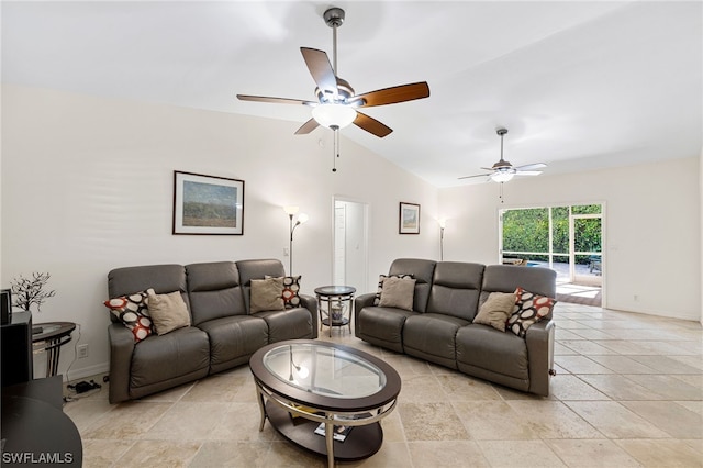 living room with ceiling fan and lofted ceiling