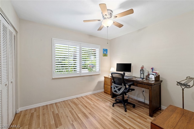 office featuring ceiling fan and light wood-type flooring