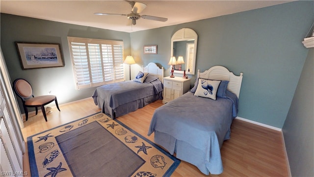 bedroom with ceiling fan and light wood-type flooring