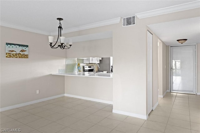 unfurnished dining area featuring light tile patterned flooring, ornamental molding, sink, and an inviting chandelier