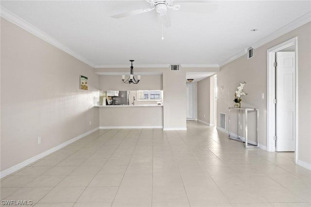 unfurnished living room featuring light tile patterned floors, ceiling fan with notable chandelier, and crown molding