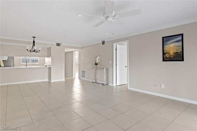 unfurnished living room featuring ceiling fan with notable chandelier, light tile patterned floors, and crown molding