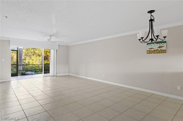 tiled spare room with a textured ceiling, ceiling fan with notable chandelier, and crown molding