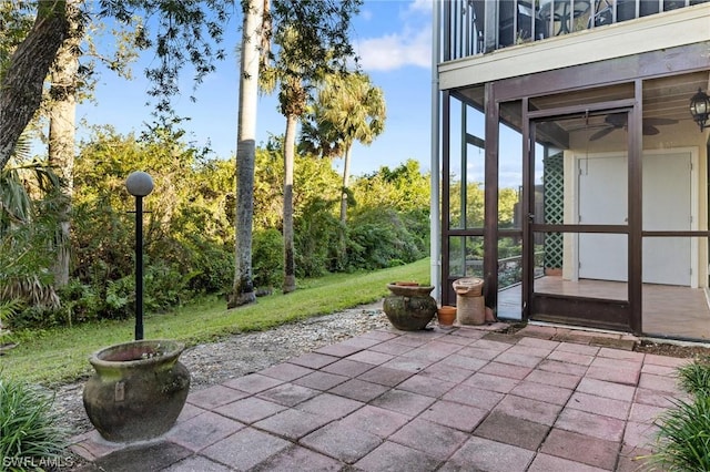 view of patio / terrace featuring a sunroom and a balcony