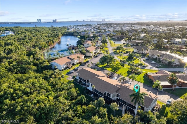 bird's eye view with a water view