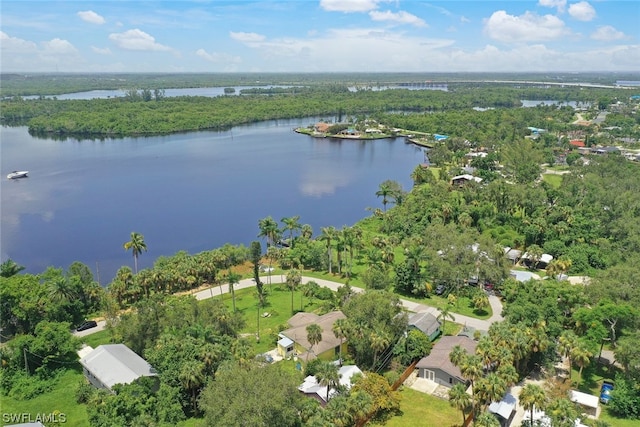 bird's eye view with a water view