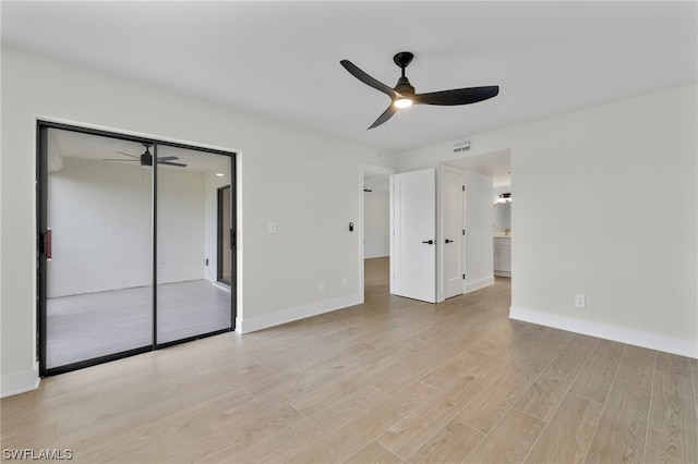 unfurnished bedroom with a closet, ceiling fan, and light hardwood / wood-style flooring