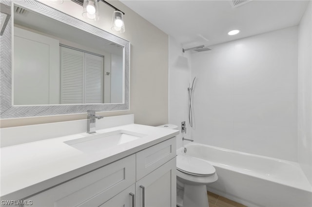 full bathroom with toilet, tile flooring, vanity, and shower / tub combination