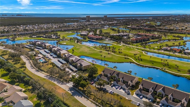 bird's eye view with a water view