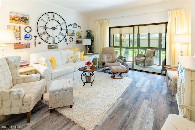 living room featuring crown molding and light wood-type flooring