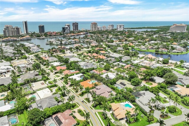 aerial view featuring a water view