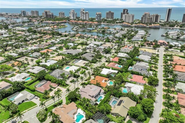 bird's eye view with a water view