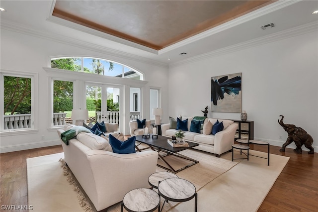 living room with a tray ceiling, crown molding, light hardwood / wood-style floors, and french doors