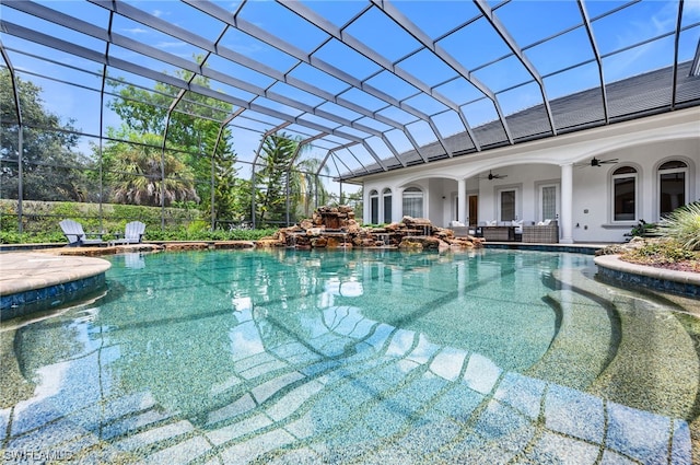 view of pool featuring a patio area and ceiling fan