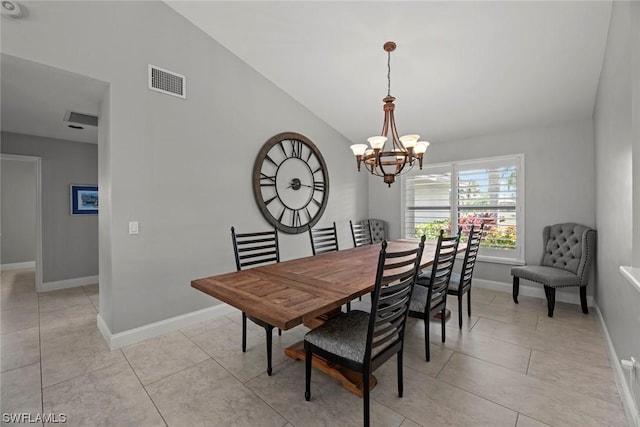 dining area featuring light tile patterned floors, baseboards, visible vents, an inviting chandelier, and vaulted ceiling