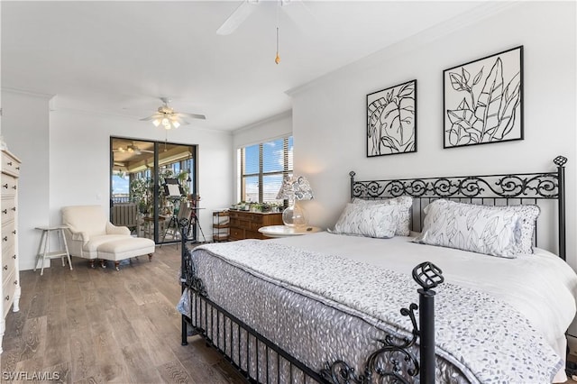 bedroom with wood-type flooring, ornamental molding, access to exterior, and ceiling fan