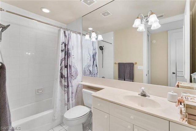 full bathroom with vanity, shower / tub combo, tile patterned floors, and toilet