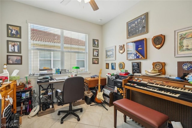 office space featuring ceiling fan and light tile patterned flooring