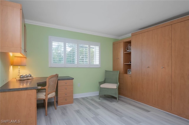 office with crown molding and light hardwood / wood-style flooring