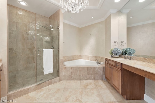 bathroom featuring a chandelier, vanity, independent shower and bath, ornamental molding, and tile flooring