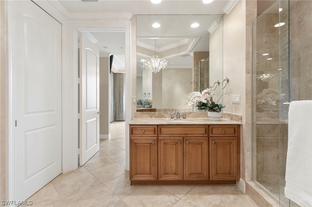 bathroom featuring ornamental molding, a shower with shower door, tile flooring, an inviting chandelier, and vanity