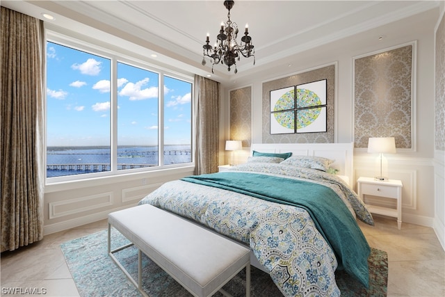 bedroom with a water view, a notable chandelier, light tile floors, and multiple windows