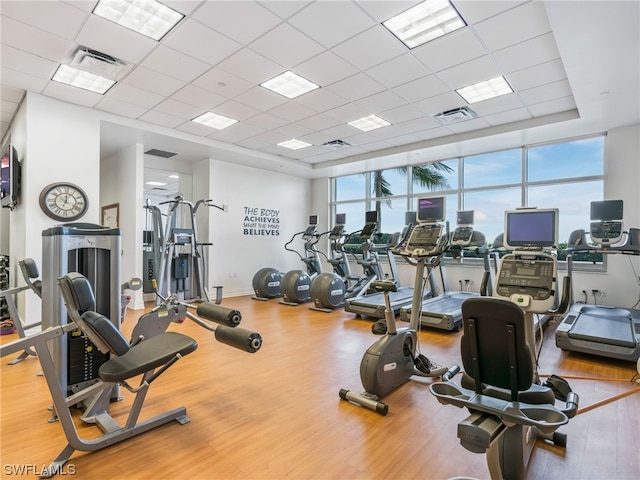 gym featuring plenty of natural light, a paneled ceiling, and light wood-type flooring