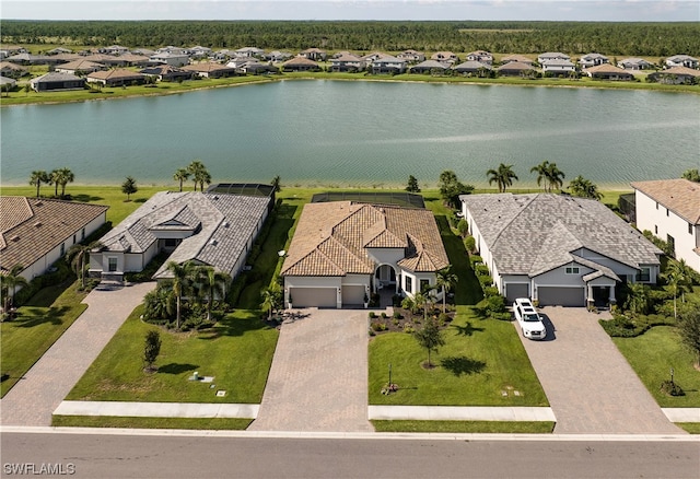 aerial view featuring a water view