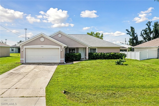 single story home with a front lawn and a garage