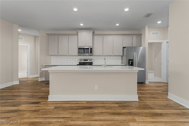 kitchen featuring appliances with stainless steel finishes, sink, a kitchen island with sink, and gray cabinetry