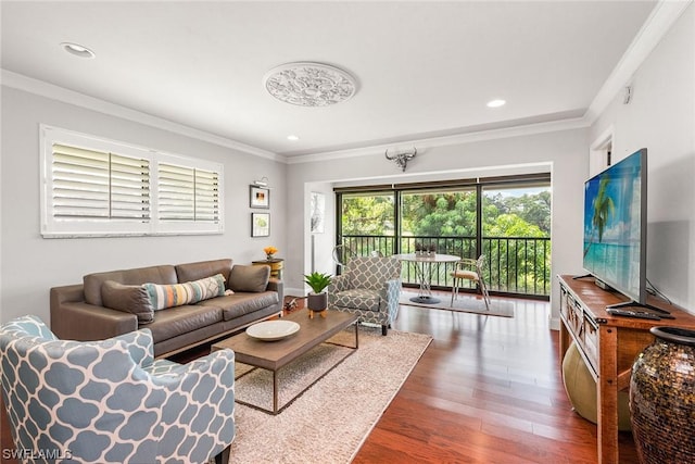 living room featuring dark wood-type flooring and ornamental molding