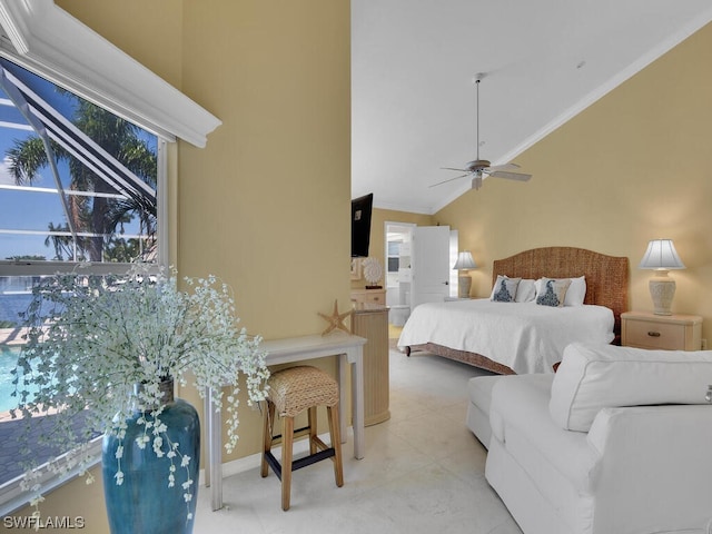 tiled bedroom with crown molding, ceiling fan, and vaulted ceiling
