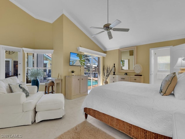bedroom featuring access to exterior, multiple windows, ornamental molding, and ceiling fan