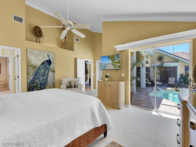 bedroom with light tile floors, ceiling fan, ornamental molding, ensuite bathroom, and access to outside