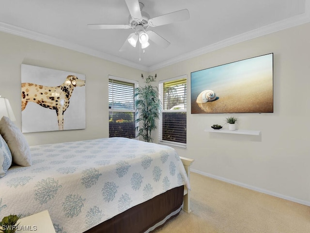 bedroom with ornamental molding, light colored carpet, and ceiling fan