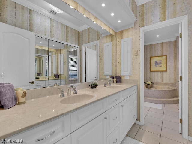 bathroom featuring a bathtub, dual sinks, tile flooring, oversized vanity, and ornamental molding